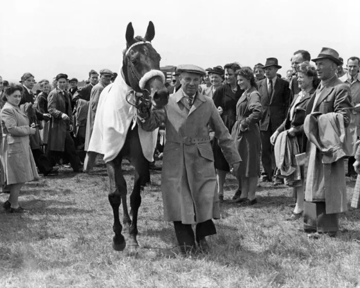 Framed Print : The Derby 1947. The winner, Pearl Driver, being led from the course Framed Print : The Derby 1947. The winner, Pearl Driver, being led from the course