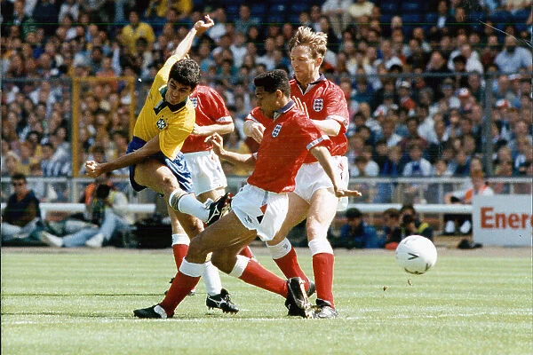 Des Walker (front right) in action England v Brazil 1-1 1992