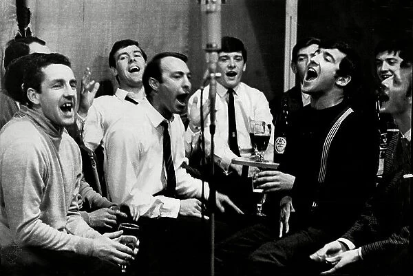 Don MacKay, Jimmy Greaves, Cyril Knowles, Pat Jennings, Terry Venables, Joe Kinnear and Jimmy Robertson recording team record at EMI studios 1963