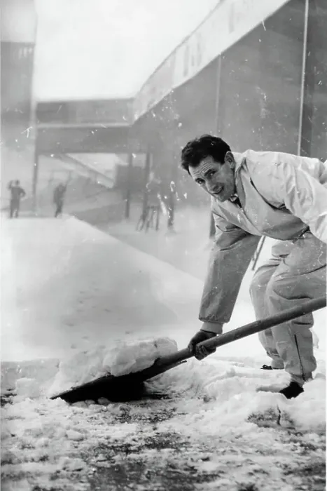 Framed Print : Emilio Aldecoa Birmingham City trainer clearing snow from pitch Framed Print : Emilio Aldecoa Birmingham City trainer clearing snow from pitch