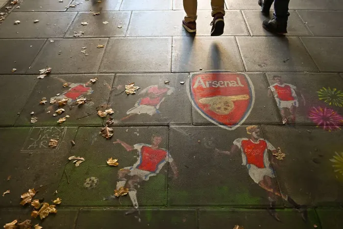 Framed Print : Emirates Stadium, painting on the floor on the way to the ground Framed Print : Emirates Stadium, painting on the floor on the way to the ground