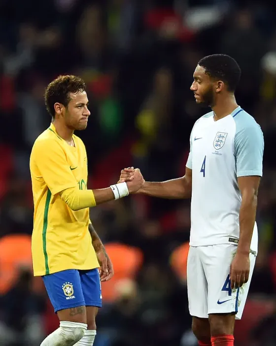 Framed Print : England v Brazil, friendly at Wembley Stadium, London Neymar and Joe Gomez shake hands at the end of the game