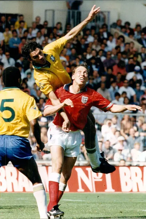 Framed Print : England's David Platt under pressure from Brazil's Ricardo II