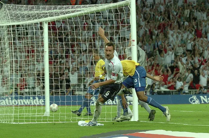 Framed Print : England's John Terry scores and celebrates England v Brazil 1-1 at Wembley Stadium 2007 Framed Print : England's John Terry scores and celebrates England v Brazil 1-1 at Wembley Stadium 2007