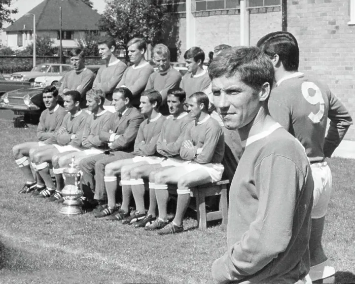 Framed Print : Everton F. C. New signing Alan Ball, stands to one side as last year's F. A. Cup team pose with the Cup for an official group photo shoot 1966 Framed Print : Everton F. C. New signing Alan Ball, stands to one side as last year's F. A. Cup team pose with the Cup for an official group photo shoot 1966