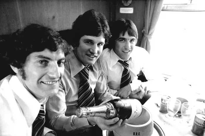 Framed Print : Everton footballers celebrating with champagne. (L-R) Martin Dobson, Mick Lyons and Bob Latchford Framed Print : Everton footballers celebrating with champagne. (L-R) Martin Dobson, Mick Lyons and Bob Latchford