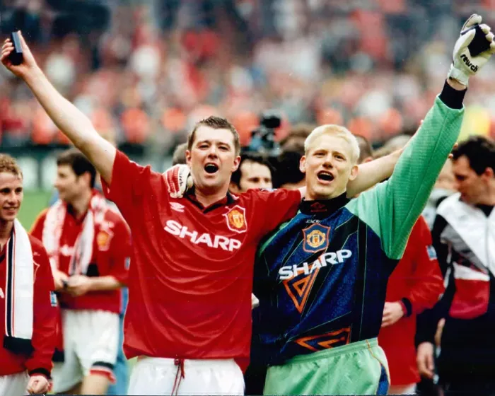 Framed Print : FA Cup Final 1996 - Liverpool 0 v Manchester United 1 Gary Pallister and Peter Schmeichel celebrating after match Framed Print : FA Cup Final 1996 - Liverpool 0 v Manchester United 1 Gary Pallister and Peter Schmeichel celebrating after match