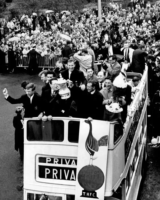 Framed Print : FA Cup winning Spurs on the open top bus parading the trophy