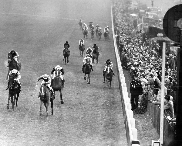The finishing line of the Oaks race at Epsom 1950