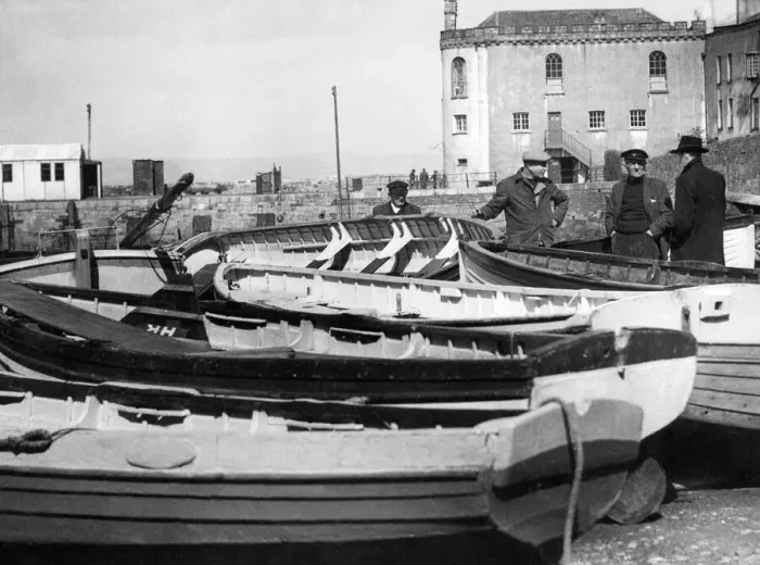 Framed Print : Fishermen with their boats at Tenby 1947 Framed Print : Fishermen with their boats at Tenby 1947