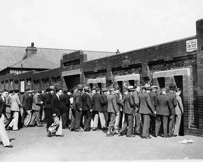 Framed Print : Football fans queue to enter Manchester City F.C.'s Maine Road ground 1933 Framed Print : Football fans queue to enter Manchester City F.C.'s Maine Road ground 1933