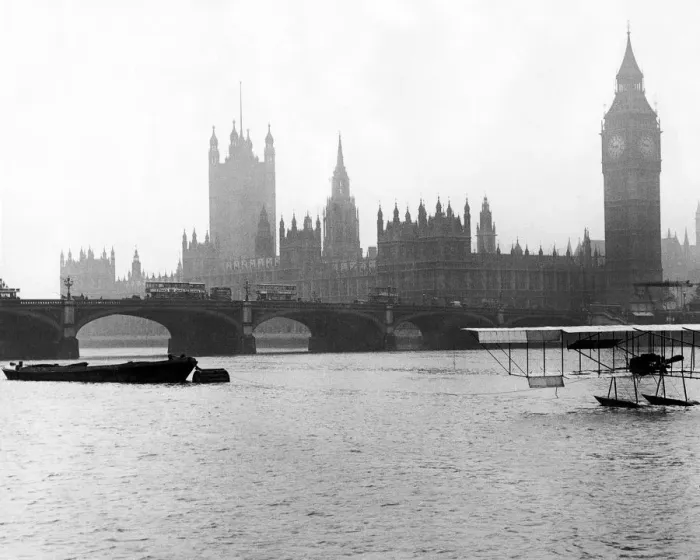 Framed Print : Frank McCleans water plane moored by Westminster Bridge 1912 Framed Print : Frank McCleans water plane moored by Westminster Bridge 1912
