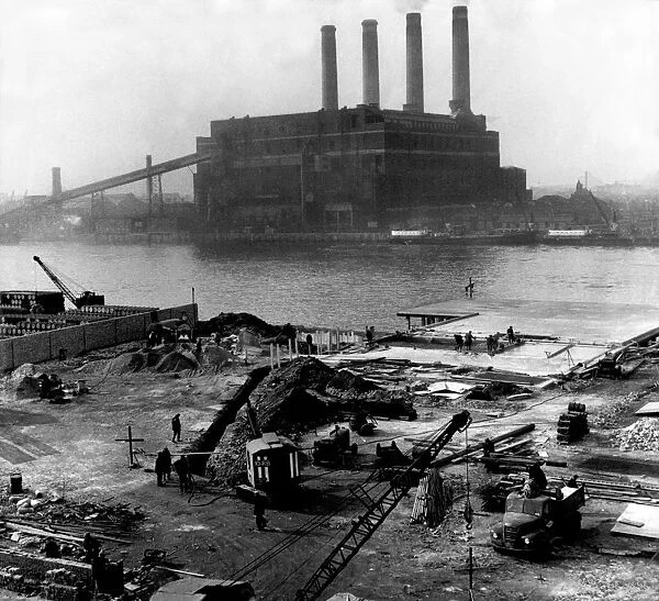 Fulham Power Station with construction site of Westland Heliport in foreground, 1959