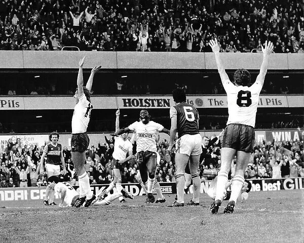 Gary Mabbutt (left) and Garth Crooks (centre) celebrate Spurs first goal. Tottenham Hotspur v West Ham United