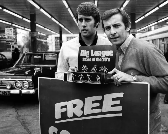 Framed Print : Geoff Hurst and Alan Mullery pose with football figurines in a garage in Acton in 1971 Framed Print : Geoff Hurst and Alan Mullery pose with football figurines in a garage in Acton in 1971