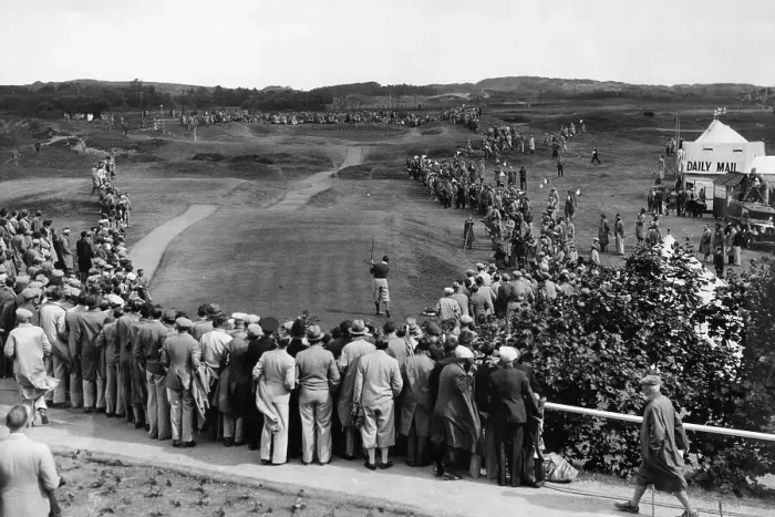 Framed Print : Golfer Henry Cotton driving off 1st tee at Southport and Ainsdale golf course in 1937 Framed Print : Golfer Henry Cotton driving off 1st tee at Southport and Ainsdale golf course in 1937