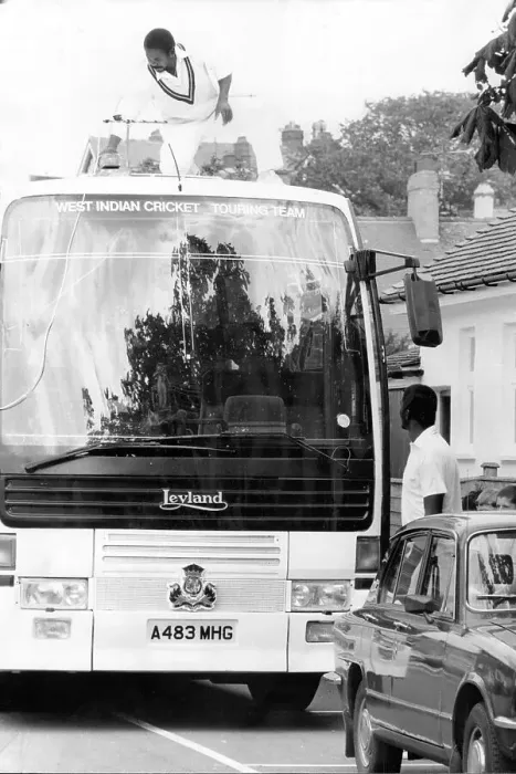 Framed Print : Gordon Greenidge on top of the Windies team bus trying to fix the aerial in 1984 Framed Print : Gordon Greenidge on top of the Windies team bus trying to fix the aerial in 1984