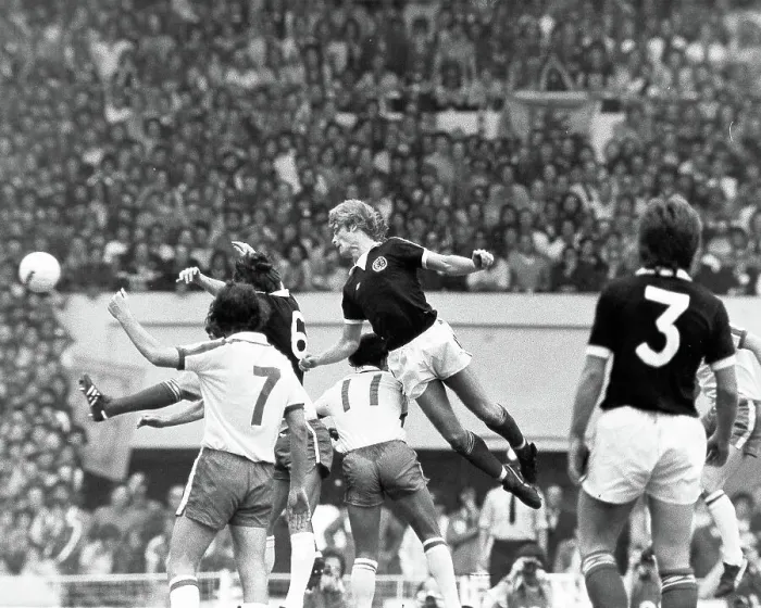 Framed Print : Gordon McQueen scores against England in 1977 Framed Print : Gordon McQueen scores against England in 1977