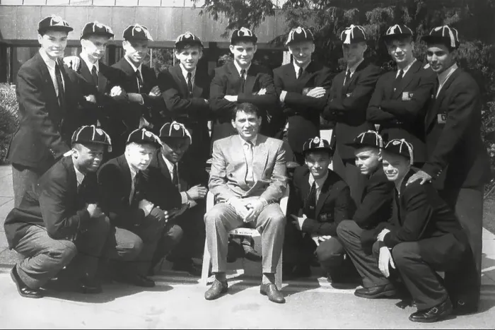 Framed Print : Graham Taylor, Aston Villa F. C. manager with the 15 graduates at the GM Vauxhall FA National School 1990 Framed Print : Graham Taylor, Aston Villa F. C. manager with the 15 graduates at the GM Vauxhall FA National School 1990