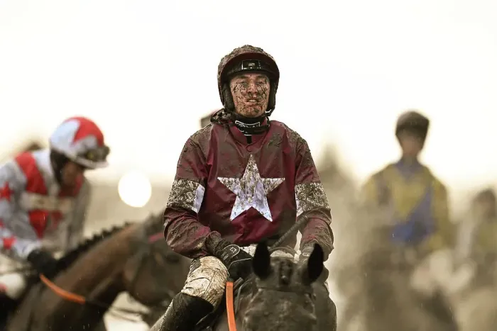 Framed Print : Harry Swan in the muddy last race on the Thursday evening in the last light of the day Cheltenham Festival week Framed Print : Harry Swan in the muddy last race on the Thursday evening in the last light of the day Cheltenham Festival week