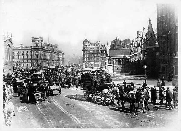 A horse drawn carriage of spectators off to see the FA Cup Final at Crystal Palace in 1911
