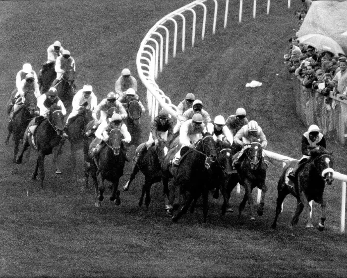 Framed Print : Horses in action at Tattenham Corner, during 1990 Epsom Derby
