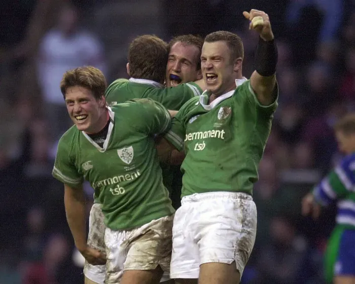 Framed Print : Ireland's Ronan O'Gara (left) and Kevin Maggscelebrate beating England Framed Print : Ireland's Ronan O'Gara (left) and Kevin Maggscelebrate beating England