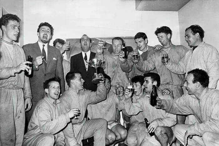 Framed Print : Jimmy Hill celebrates with Coventry City players including Gerge Curtis Framed Print : Jimmy Hill celebrates with Coventry City players including Gerge Curtis