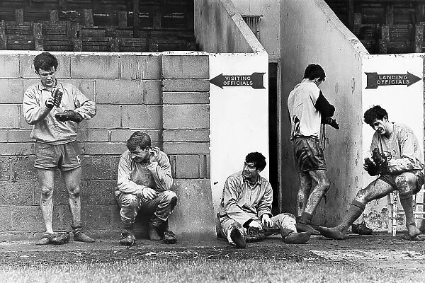 John Hollins, Jim Thomson, John Boyle (on ground )Eddie McCreadie and Peter Bonetti (on stool). Chelsea players clean their boots 1967