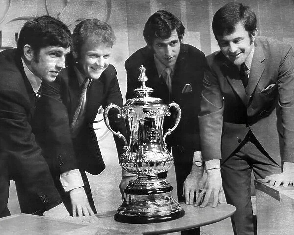 Johnny Giles and Billy Bremner of Leeds United, and Peter Bonetti and John Hollins of Chelsea with the FA Cup 1970