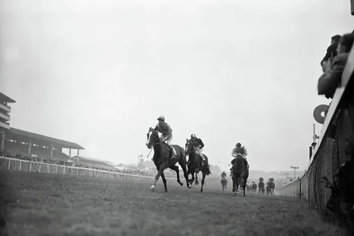 Framed Print : Lester Piggott on Never Say Die wins the Derby 1954 Framed Print : Lester Piggott on Never Say Die wins the Derby 1954