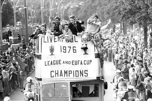 Liverpool FC at homecoming after winning Football League Cup and UEFA Cup, 1976