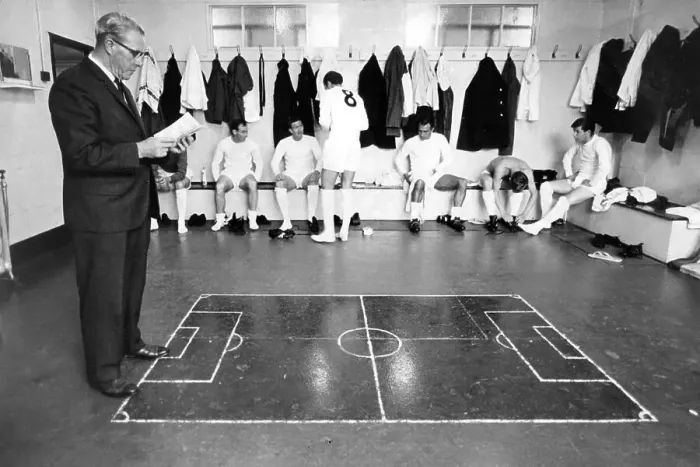 Framed Print : Luton Town FC manager George Martin with players in the dressing room 1966 Framed Print : Luton Town FC manager George Martin with players in the dressing room 1966