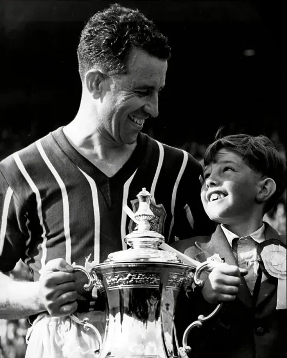 Framed Print : Manchester City Footballer Roy Paul after FA cup final with his son Robert 1956 Framed Print : Manchester City Footballer Roy Paul after FA cup final with his son Robert 1956