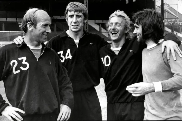 Framed Print : Manchester United footballers Wyn Davies with Bobby Charlton, Denis Law and George Best 1972 Framed Print : Manchester United footballers Wyn Davies with Bobby Charlton, Denis Law and George Best 1972