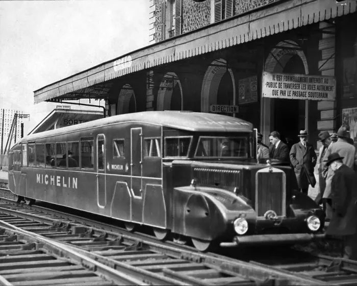 Framed Print : Micheline Motor Car on rails designed to run between provincial towns, here being used by Monsieur Paganon, French Transport Minister, St. Cyr station, 1933 Framed Print : Micheline Motor Car on rails designed to run between provincial towns, here being used by Monsieur Paganon, French Transport Minister, St. Cyr station, 1933