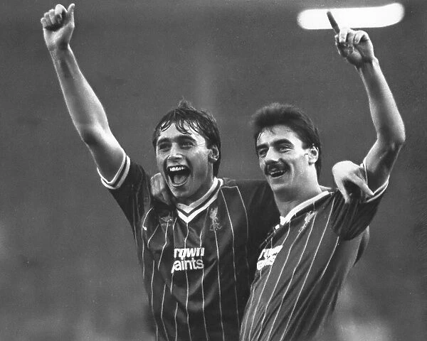 Mike Robinson and Ian Rush of Liverpool, celebrating their 3-0 win over Everton