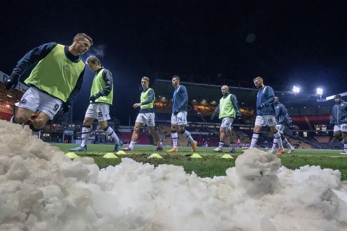 Framed Print : Millwall warm up in the snow 2015 Framed Print : Millwall warm up in the snow 2015