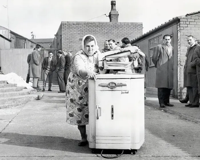 Framed Print : Mrs. Sarah Dewhirst taking away the washing machine from the Peel Park ground at Accrington Stanley, 1962 Framed Print : Mrs. Sarah Dewhirst taking away the washing machine from the Peel Park ground at Accrington Stanley, 1962