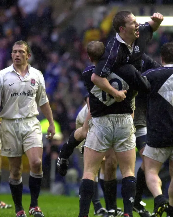 Framed Print : Six Nations Championship match against England at Murrayfield. Andy Nichol celebrates with Duncan Hodge 2000 Framed Print : Six Nations Championship match against England at Murrayfield. Andy Nichol celebrates with Duncan Hodge 2000
