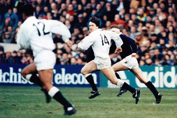 Framed Print : Five Nations Championship Scotland v England at MurrayfieldSimon Halliday on his run which led to an England try 1992 Framed Print : Five Nations Championship Scotland v England at MurrayfieldSimon Halliday on his run which led to an England try 1992