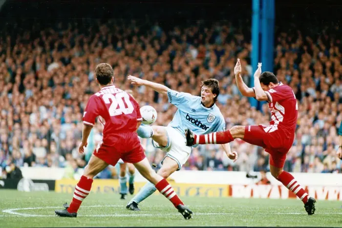 Framed Print : Niall Quinn (c) in play during Manchester City v Liverpool Framed Print : Niall Quinn (c) in play during Manchester City v Liverpool