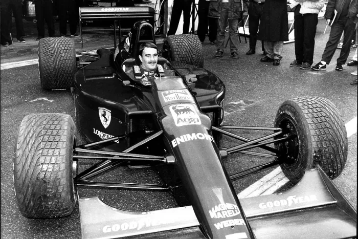 Framed Print : Nigel Mansell pictured in his Ferrari racing car