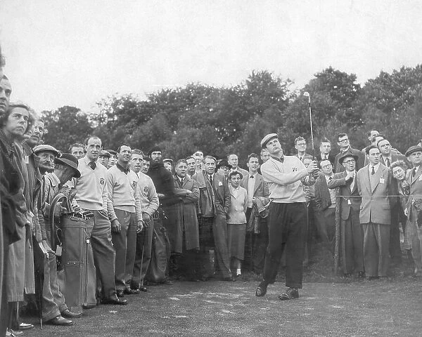 Peter Aliss (centre), who would become a brilliant commentator, admires his shot as the crowd watches 1953