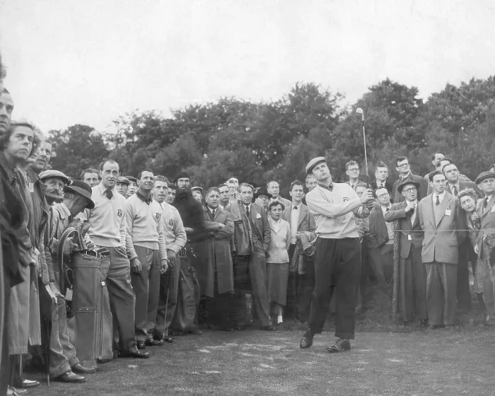 Framed Print : Peter Aliss (centre), who would become a brilliant commentator, admires his shot as the crowd watches 1953 Framed Print : Peter Aliss (centre), who would become a brilliant commentator, admires his shot as the crowd watches 1953
