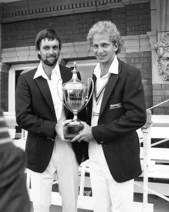 Framed Print : Peter Willey and David Gower with the Benson and Hedges trophy 1985 Framed Print : Peter Willey and David Gower with the Benson and Hedges trophy 1985