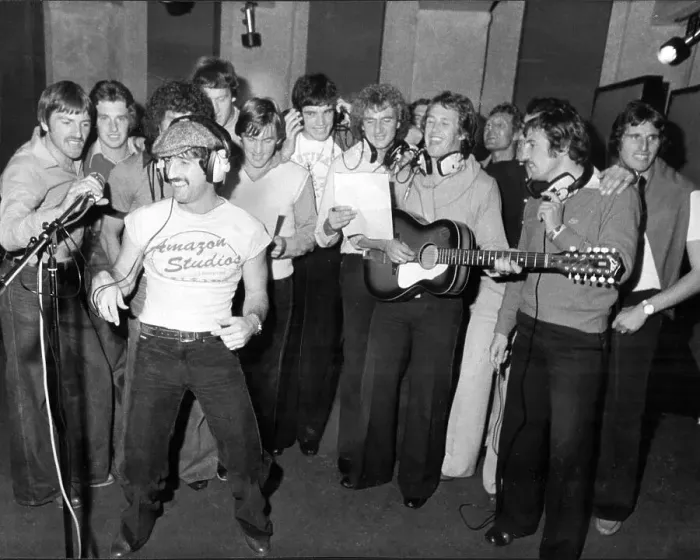 Framed Print : Players from Liverpool FC at recording session, in 1978 Framed Print : Players from Liverpool FC at recording session, in 1978