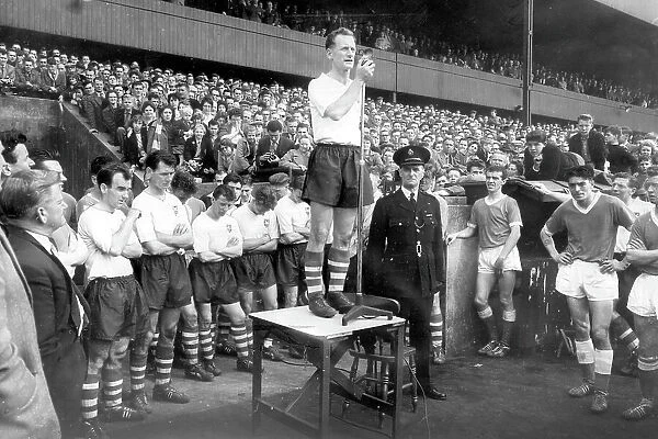 Preston North End and England footballer Tom Finney makes a speech to the crowd after playing his last game for Preston