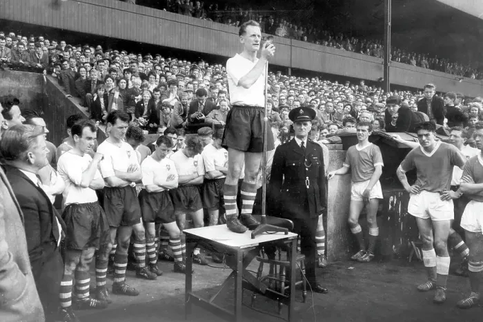 Framed Print : Preston North End and England footballer Tom Finney makes a speech to the crowd after playing his last game for Preston Framed Print : Preston North End and England footballer Tom Finney makes a speech to the crowd after playing his last game for Preston