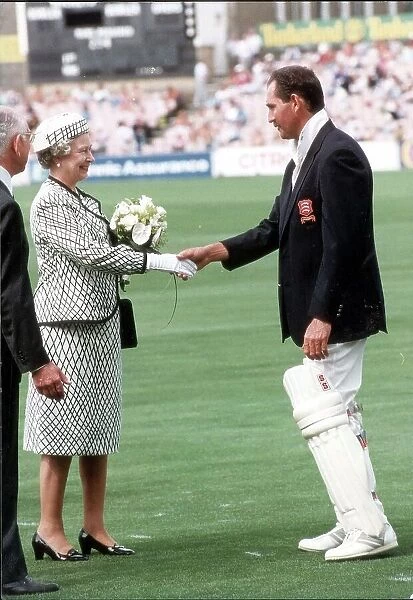 Queen Elizabeth II meets England Cricketer Graham Gooch at the oval during the Surrey V Essex Nat. West Trophy Match 1991